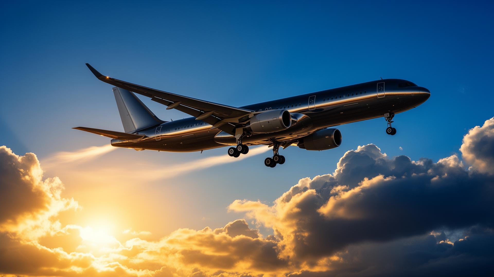 Airliner climbing through a golden-hour sky